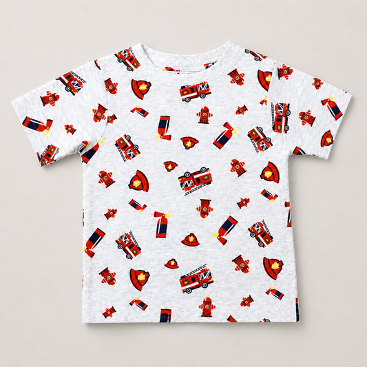 Fyst Boys Light Grey Fire Truck All-Over Print T-Shirt and Shorts Co-ord Set