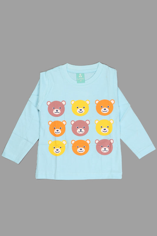 Light blue long-sleeve shirt with bear face patterns on a gray background