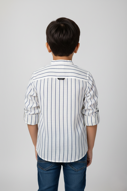 Fyst Premium Cotton Mandarin Collar Vertical Stripe Shirt for Boys - White & Blue - Fyst Fashion