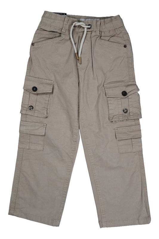 Beige cargo pants with multiple pockets and a drawstring on a white background