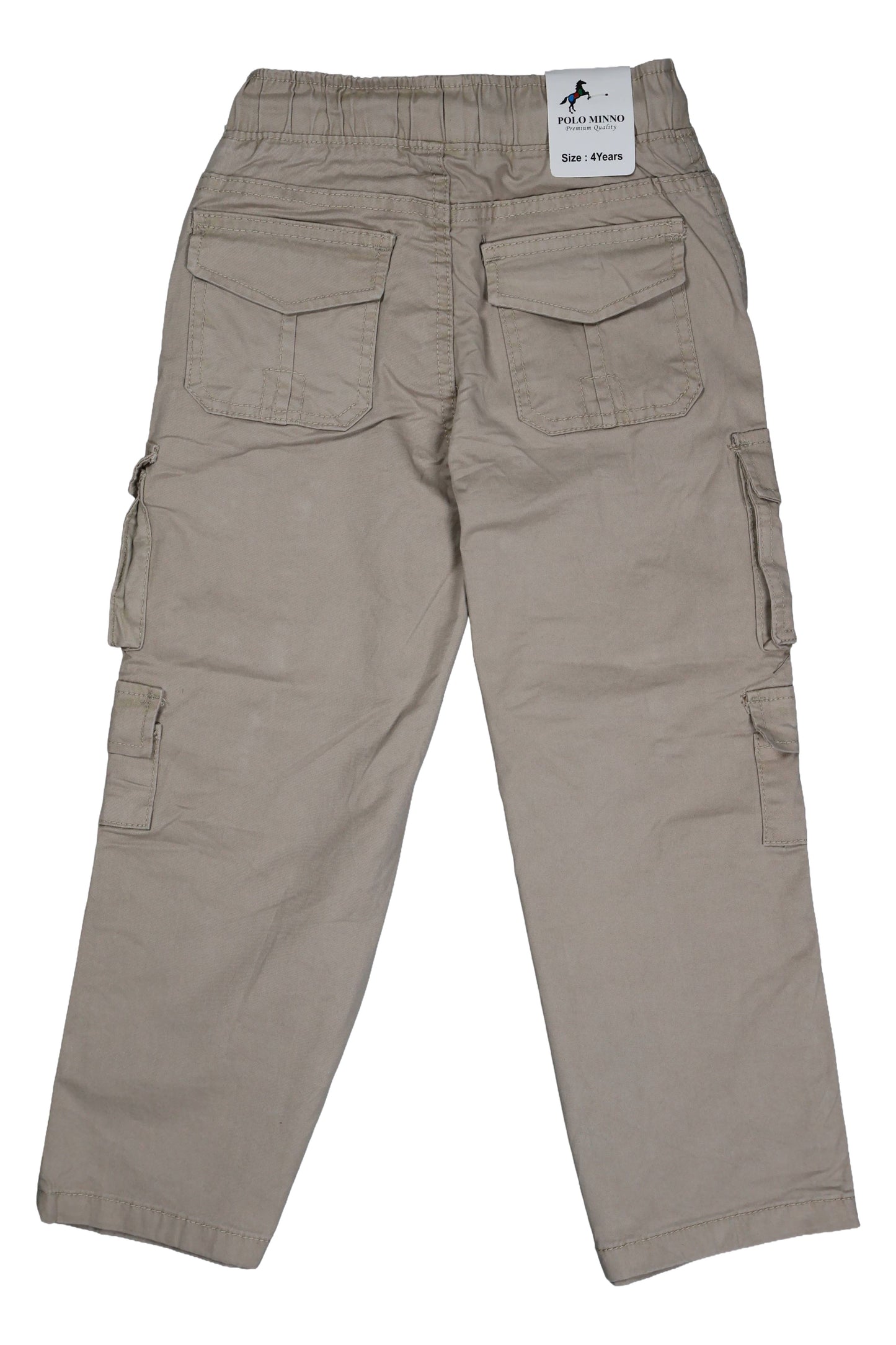 Beige cargo pants with multiple pockets on a white background