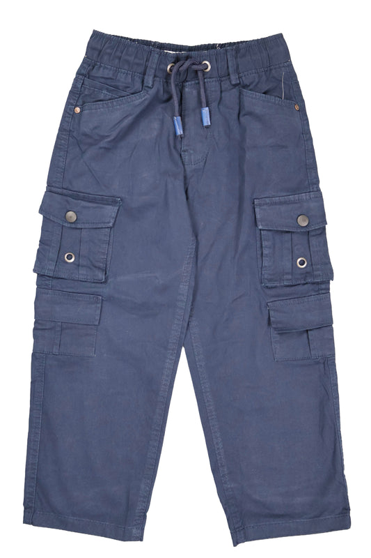 A pair of children's utility cargo pants in a deep navy blue. The pants feature a comfortable elastic waistband with a matching drawstring, two standard side pockets, and two large multi-compartment cargo pockets on the legs with secure button closures. They are shown as a flat lay against a neutral grey background.