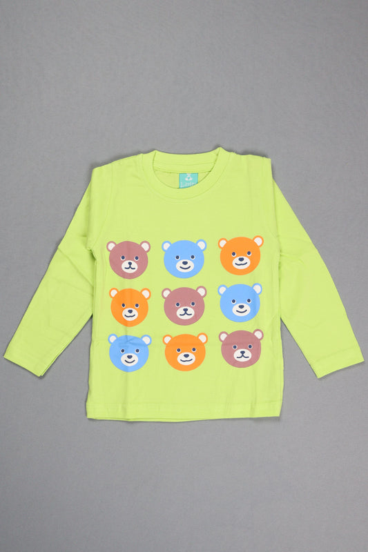Green long-sleeve shirt with colorful bear patterns on a gray background