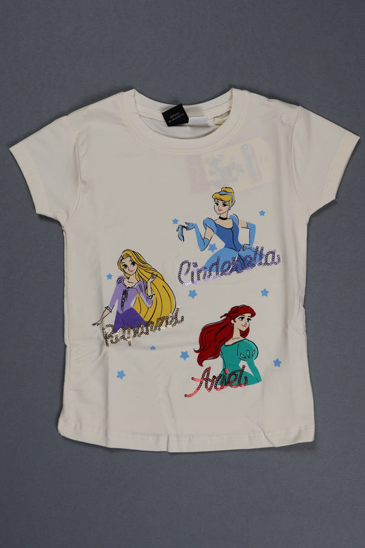 Fyst Cotton Knit Disney Princess Trio Print T-Shirt for Girls - Cream - Fyst Fashion