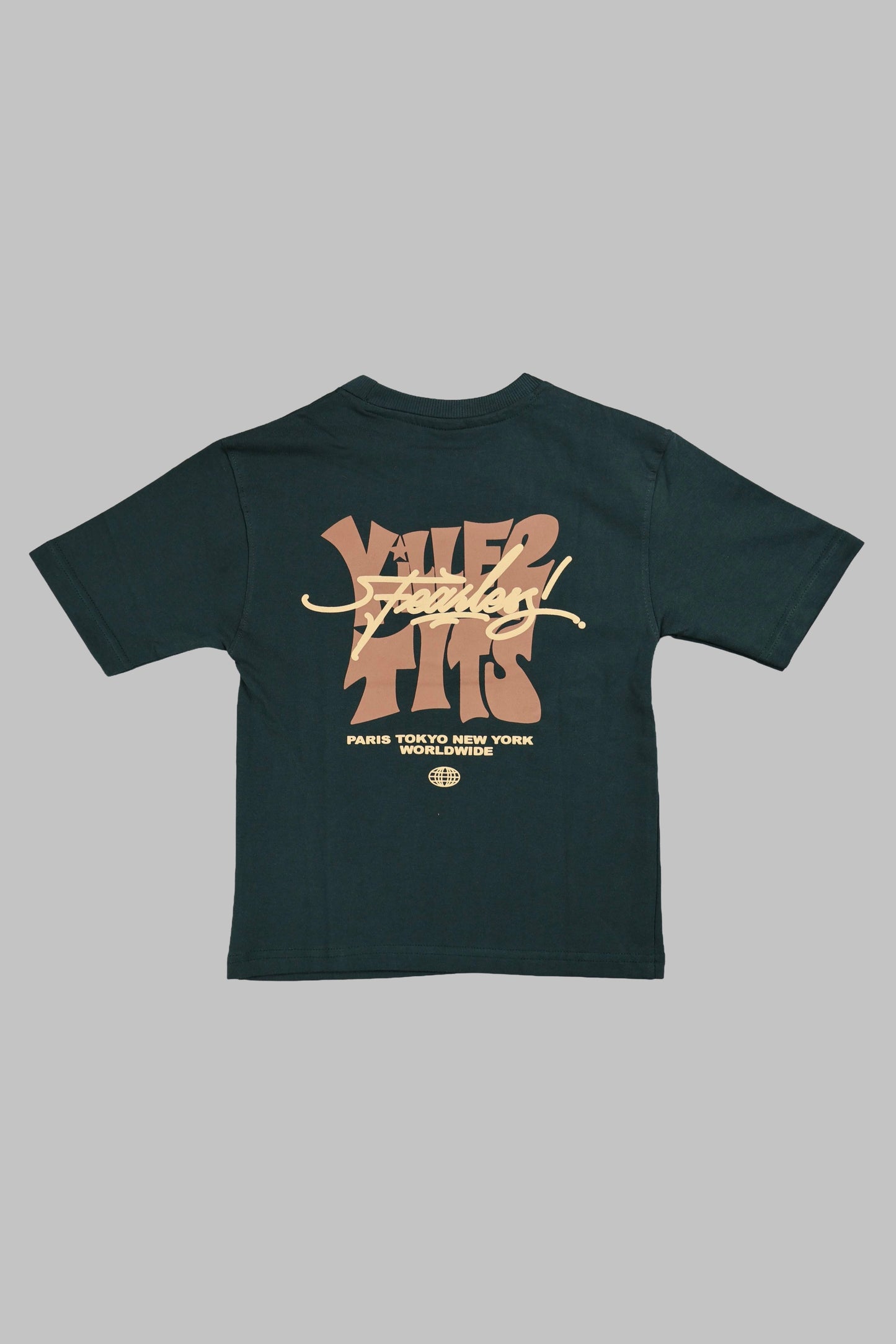 Black t-shirt with gold and white text on a gray background