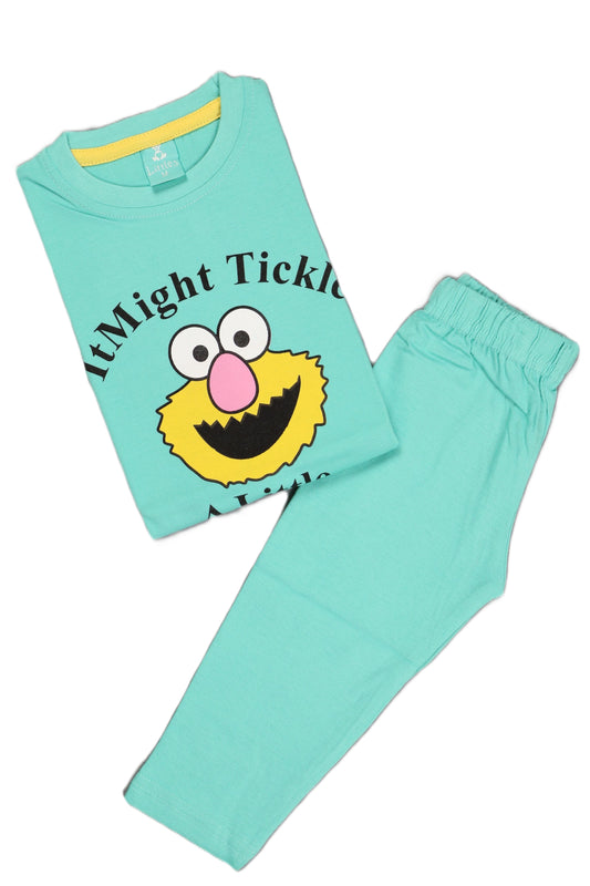 Teal children's pajama set with cartoon character on a white background