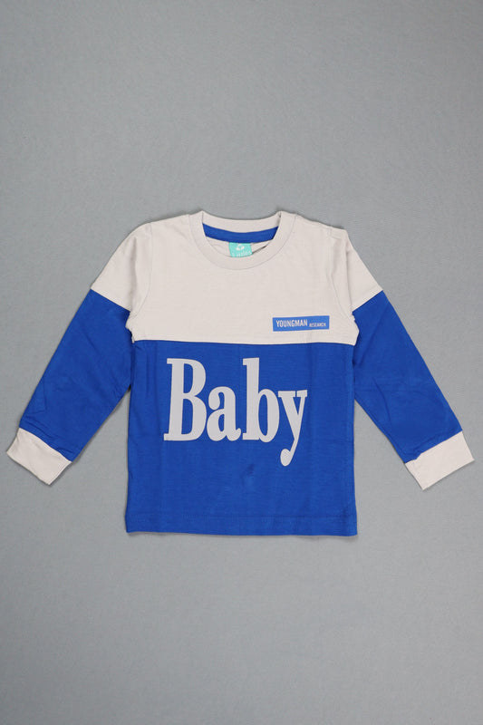 Blue and white long-sleeve shirt with 'Baby' text on a gray background