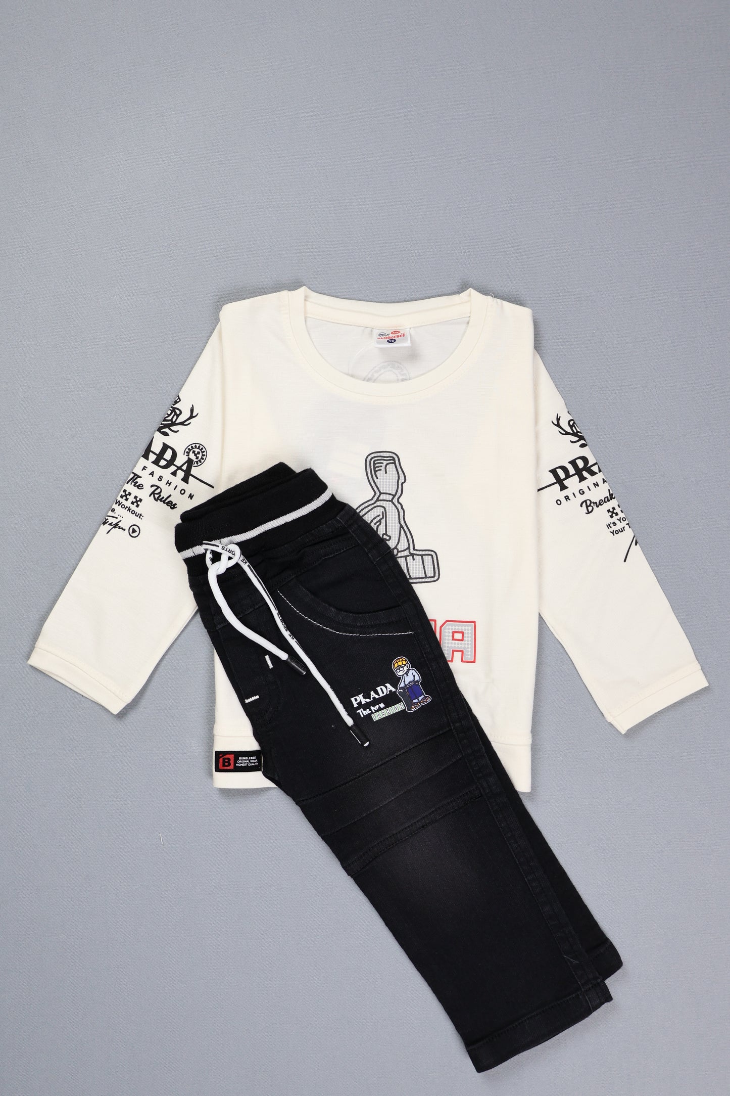 Black pants and white shirt with text on a gray background