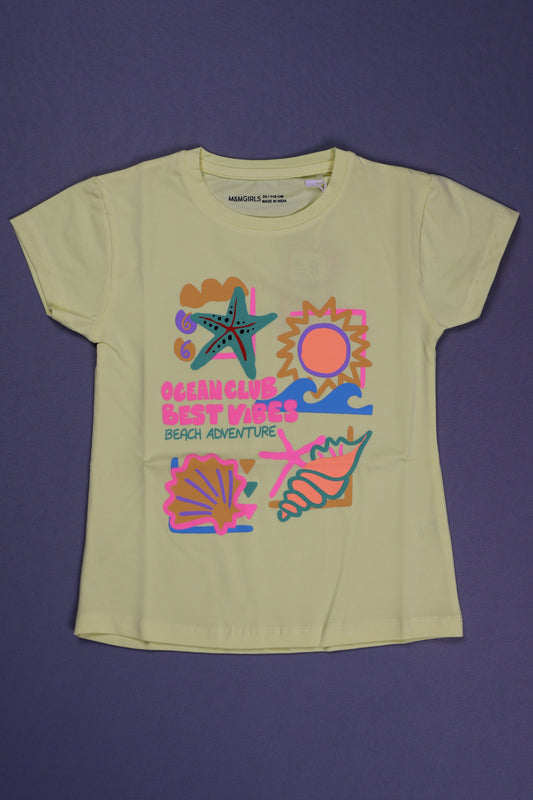 Fyst Cotton Knit "Ocean Club" Beach Print T-Shirt for Girls - Light Yellow - Fyst Fashion