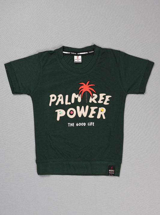 Green t-shirt with 'Palm Tree Power' text on a gray background