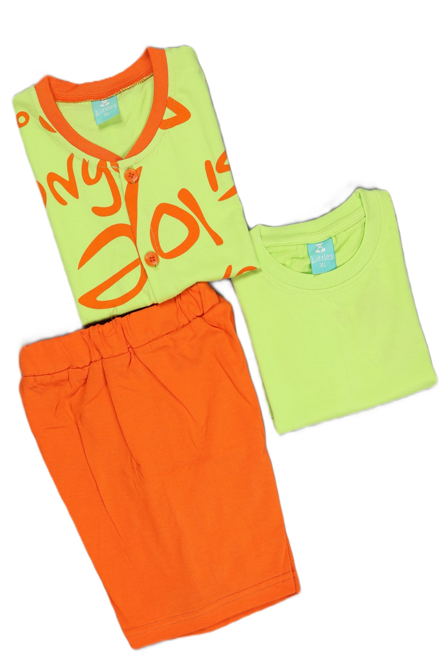 Children's outfit with bright green shirt, orange shorts, and matching shirt on a white background