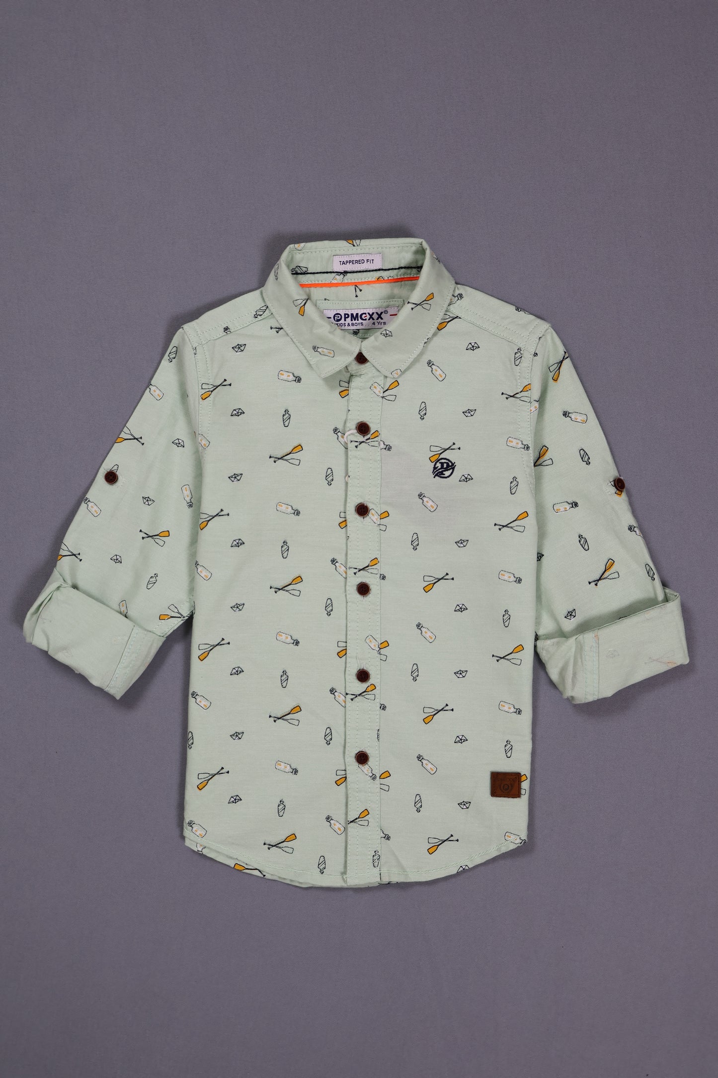 Light green shirt with small pattern on a gray background