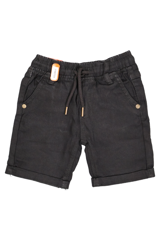 A pair of children's washed black denim shorts. The shorts feature a comfortable elastic waistband with a matching black drawstring, two side pockets with small metallic rivets, and stylish rolled-up leg cuffs. They are shown as a flat lay against a clean white background.