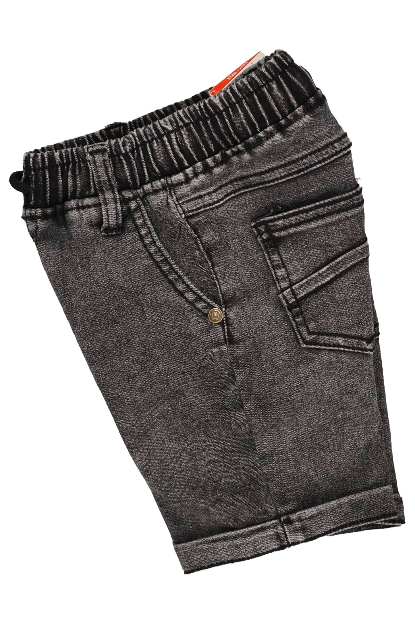 Gray denim shorts with an orange tag on a white background