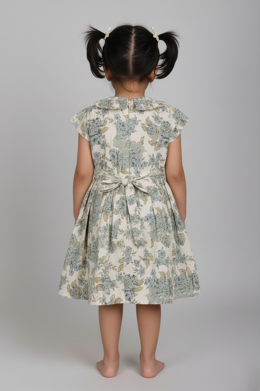 Girl in ivory cotton frock with blue rose botanical print, back view, short sleeves