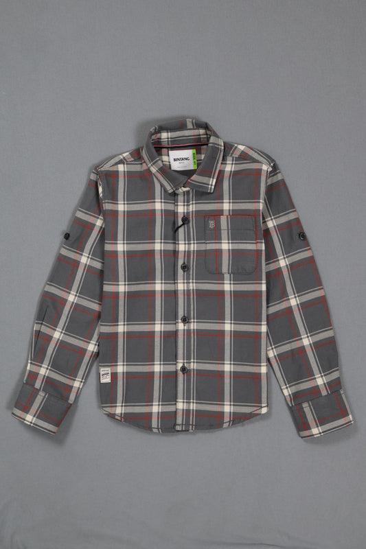 Plaid shirt with gray, red, and white pattern on a gray background