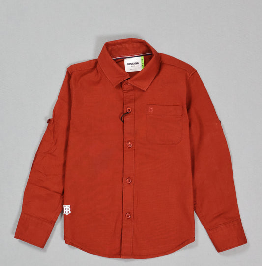 Red button-up shirt on a gray background
