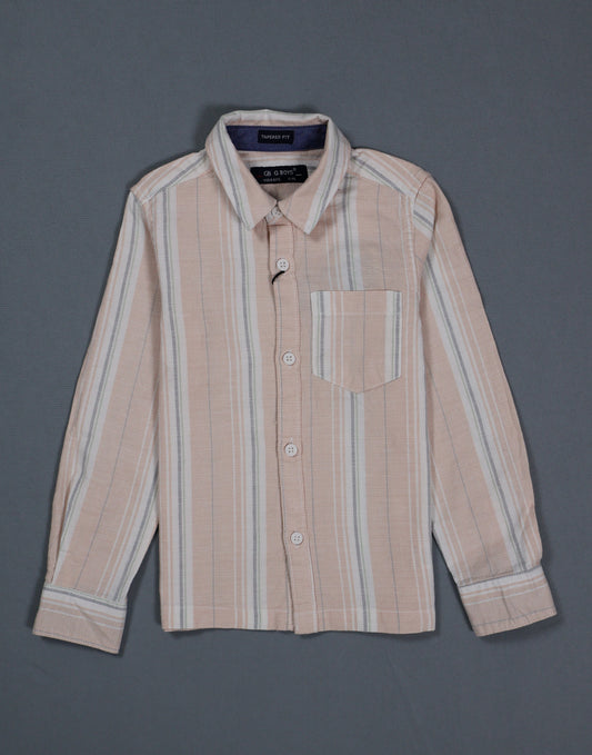 Striped shirt with a brand label on a gray background