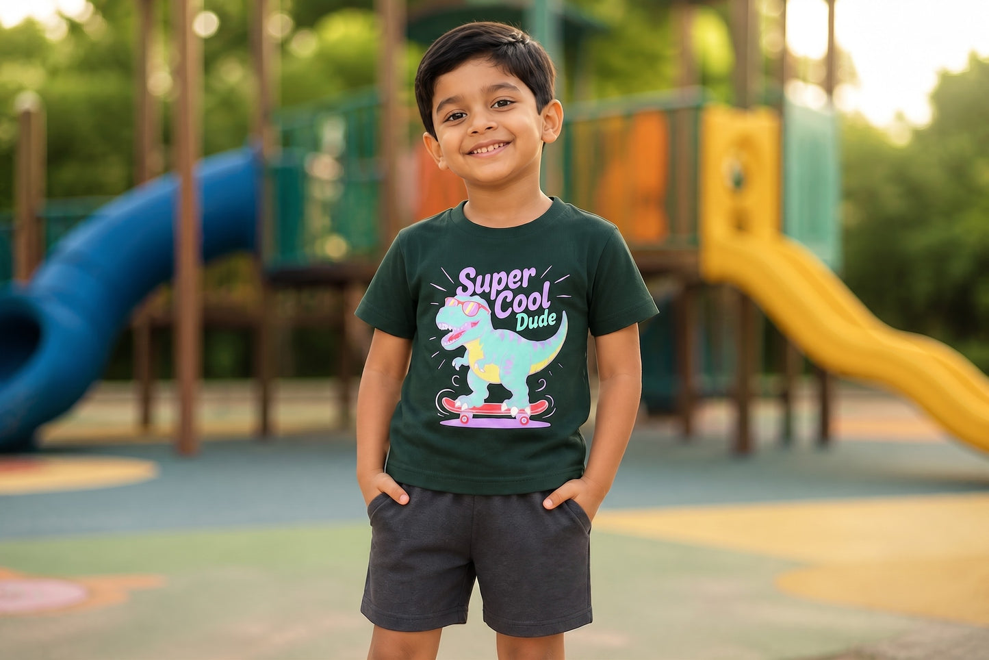 Fyst Boys Dark Green Round Neck Dinosaur Graphic Cotton T-Shirt