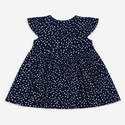 Fyst Girls Navy Blue All-Over Polka Dot Print Flutter Sleeve Cotton Frock Dress