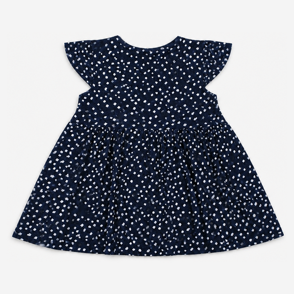 Fyst Girls Navy Blue All-Over Polka Dot Print Flutter Sleeve Cotton Frock Dress