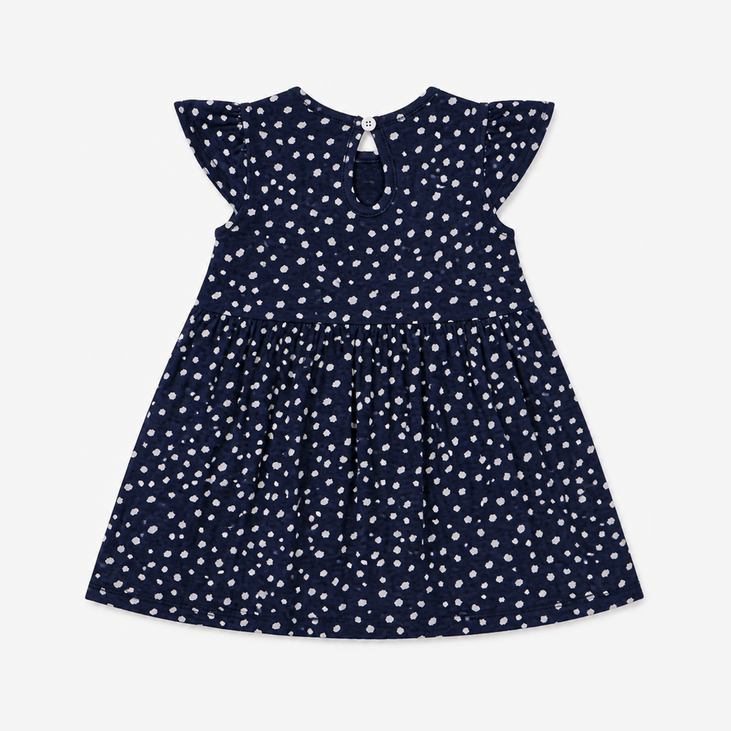 Fyst Girls Navy Blue All-Over Polka Dot Print Flutter Sleeve Cotton Frock Dress