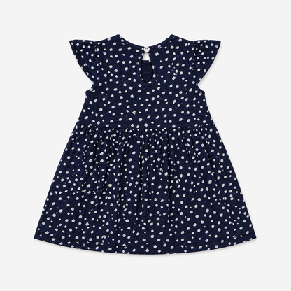 Fyst Girls Navy Blue All-Over Polka Dot Print Flutter Sleeve Cotton Frock Dress