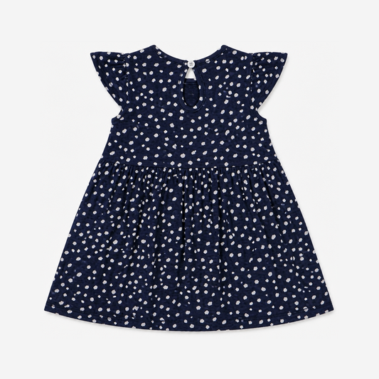 Fyst Girls Navy Blue All-Over Polka Dot Print Flutter Sleeve Cotton Frock Dress