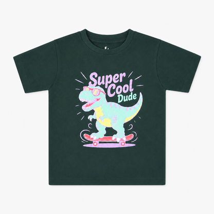 Fyst Boys Dark Green Round Neck Dinosaur Graphic Cotton T-Shirt
