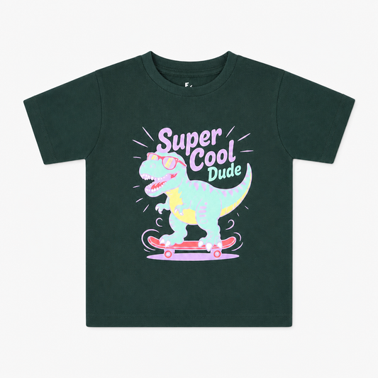 Fyst Boys Dark Green Round Neck Dinosaur Graphic Cotton T-Shirt