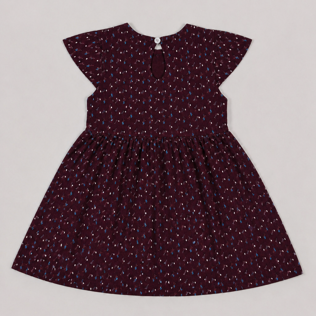 Fyst Girls Burgundy All-Over Ditsy Floral Print Flutter Sleeve Cotton Frock Dress
