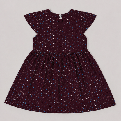 Fyst Girls Burgundy All-Over Ditsy Floral Print Flutter Sleeve Cotton Frock Dress