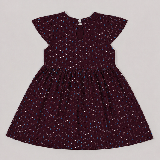 Fyst Girls Burgundy All-Over Ditsy Floral Print Flutter Sleeve Cotton Frock Dress