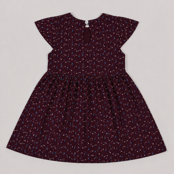 Fyst Girls Burgundy All-Over Ditsy Floral Print Flutter Sleeve Cotton Frock Dress