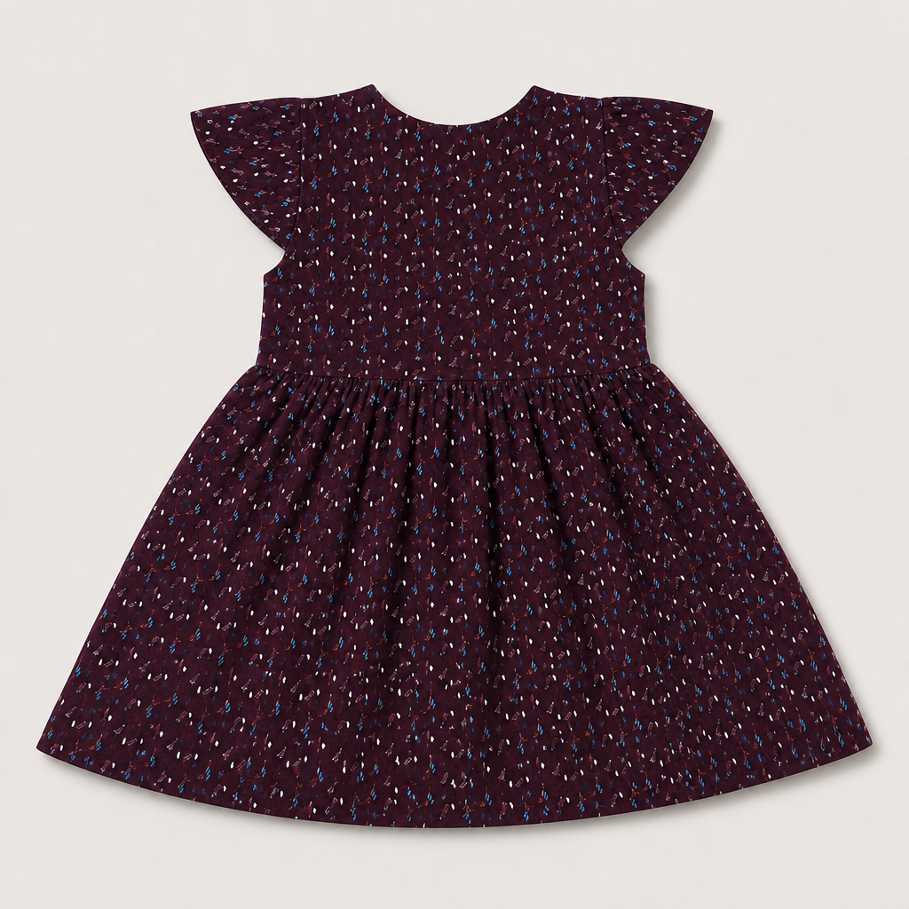 Fyst Girls Burgundy All-Over Ditsy Floral Print Flutter Sleeve Cotton Frock Dress