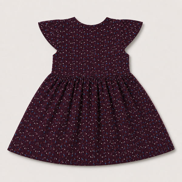 Fyst Girls Burgundy All-Over Ditsy Floral Print Flutter Sleeve Cotton Frock Dress