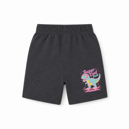 Fyst Boys Charcoal Grey Melange Skateboarding Dinosaur "Super Cool Dude" Cotton Shorts