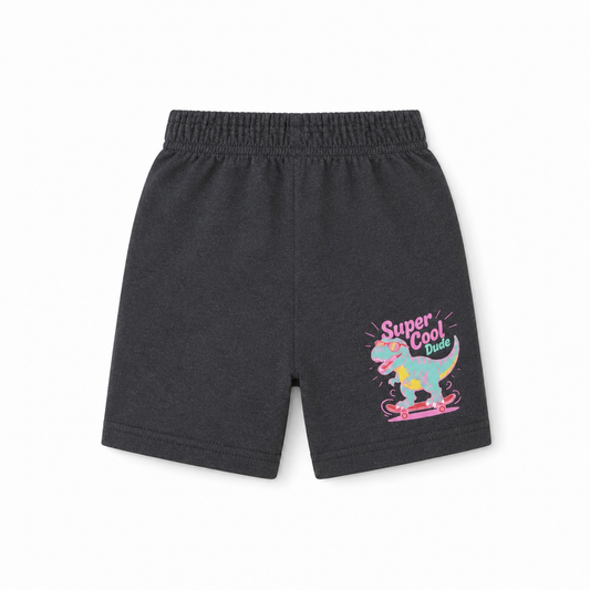 Fyst Boys Charcoal Grey Melange Skateboarding Dinosaur "Super Cool Dude" Cotton Shorts