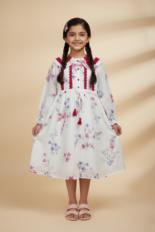 Girl in pearl white long sleeve floral print frock with red lace details