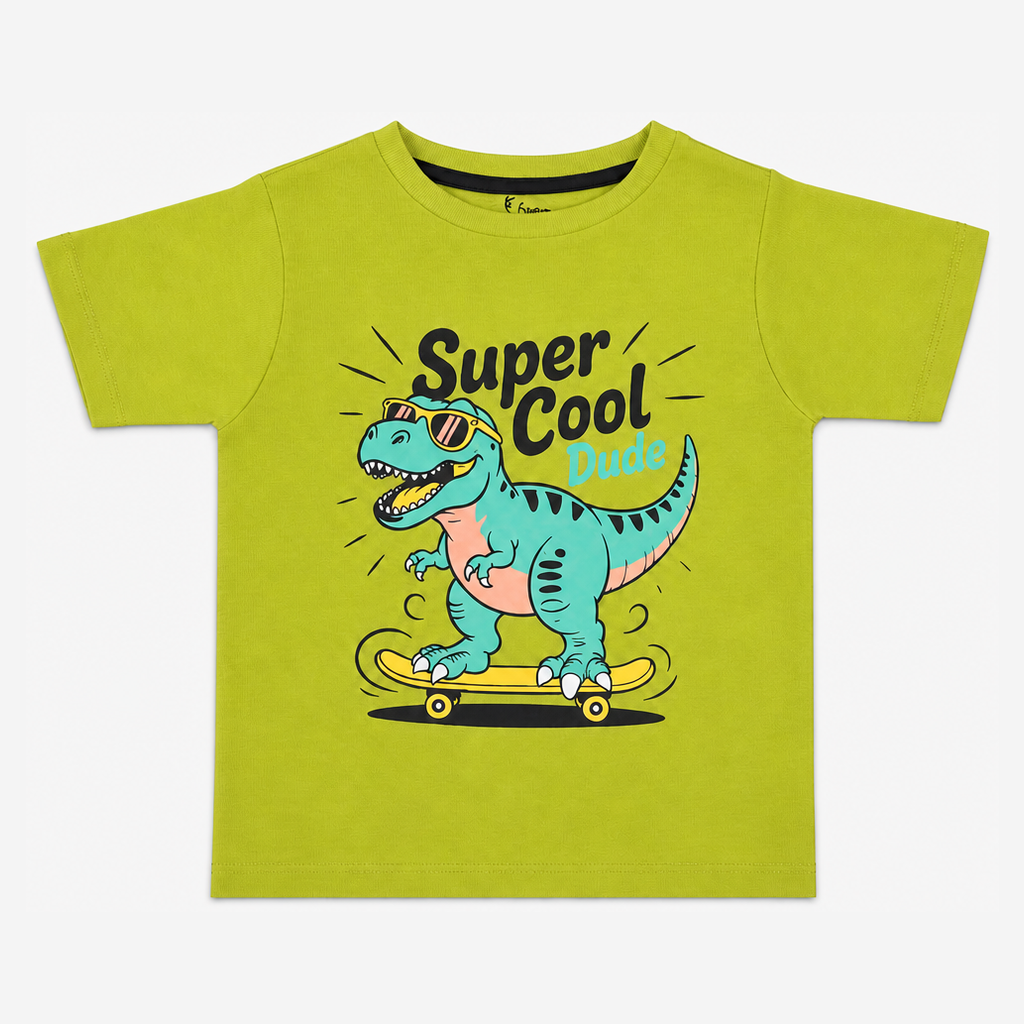 Fyst Boys Lime Green Skateboarding Dinosaur "Super Cool Dude" Graphic Cotton T-Shirt