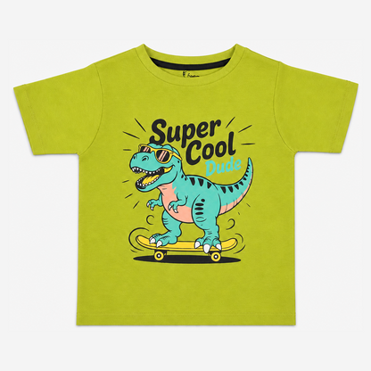 Fyst Boys Lime Green Skateboarding Dinosaur "Super Cool Dude" Graphic Cotton T-Shirt