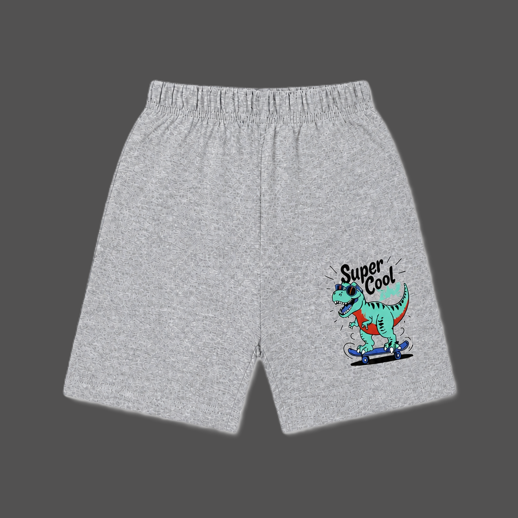 Fyst Boys Grey Melange Skateboarding Dinosaur "Super Cool Dude" Cotton Shorts