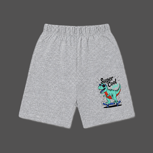 Fyst Boys Grey Melange Skateboarding Dinosaur "Super Cool Dude" Cotton Shorts