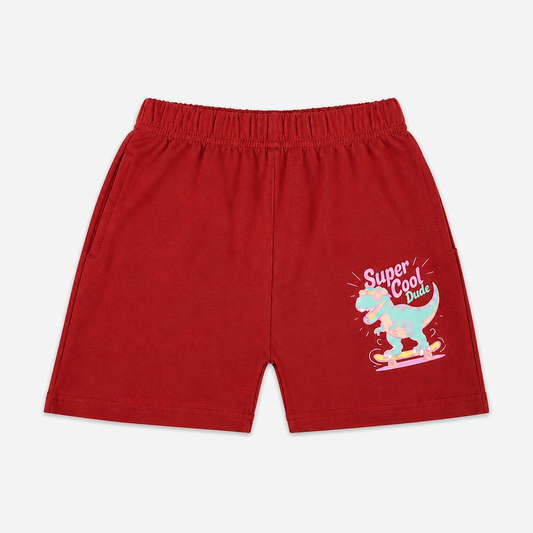 Fyst Boys Maroon Red Skateboarding Dinosaur "Super Cool Dude" Cotton Shorts