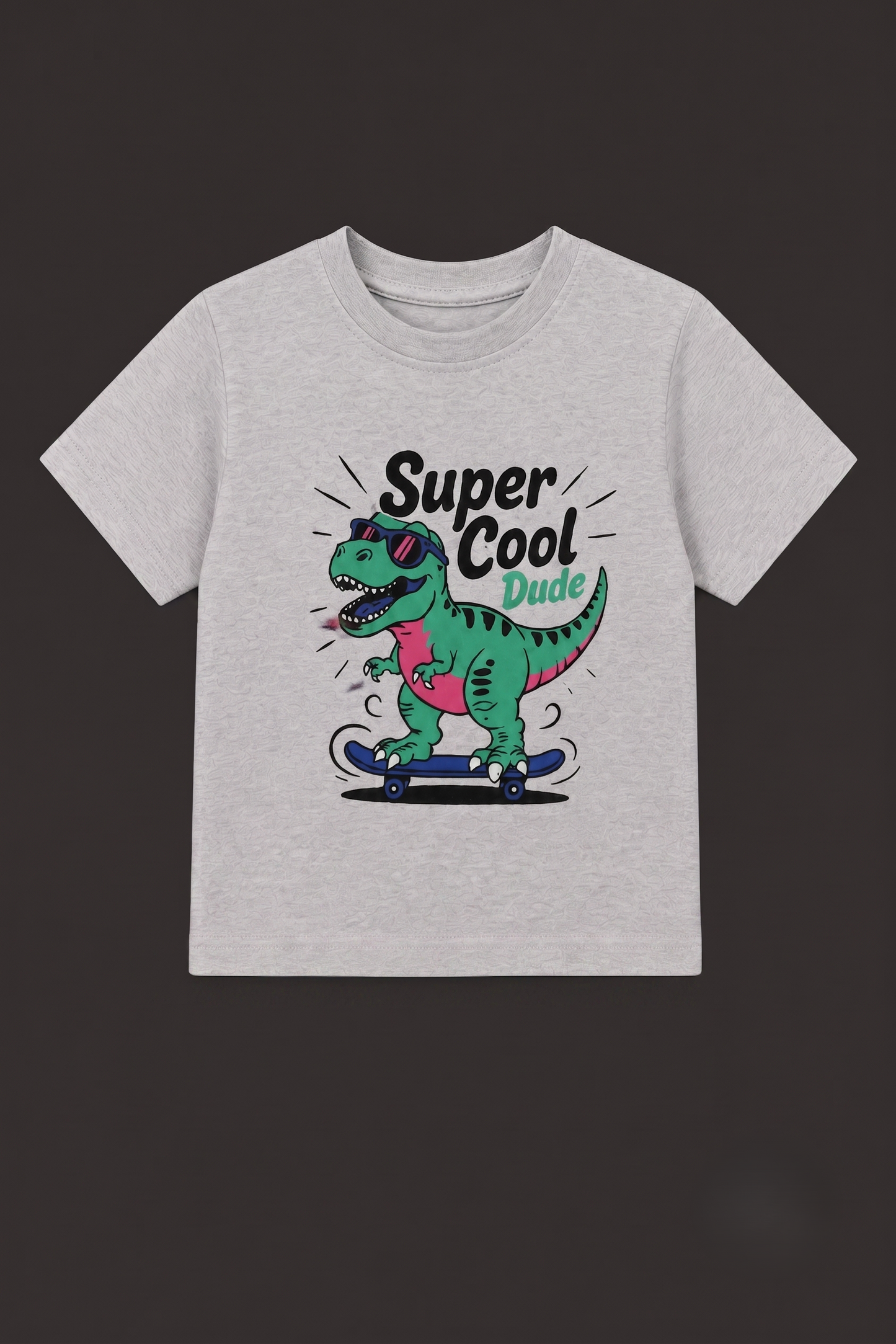 Fyst Boys Light Grey Skateboarding Dinosaur "Super Cool Dude" Graphic Cotton T-Shirt