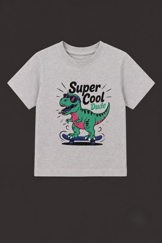 Fyst Boys Light Grey Skateboarding Dinosaur "Super Cool Dude" Graphic Cotton T-Shirt