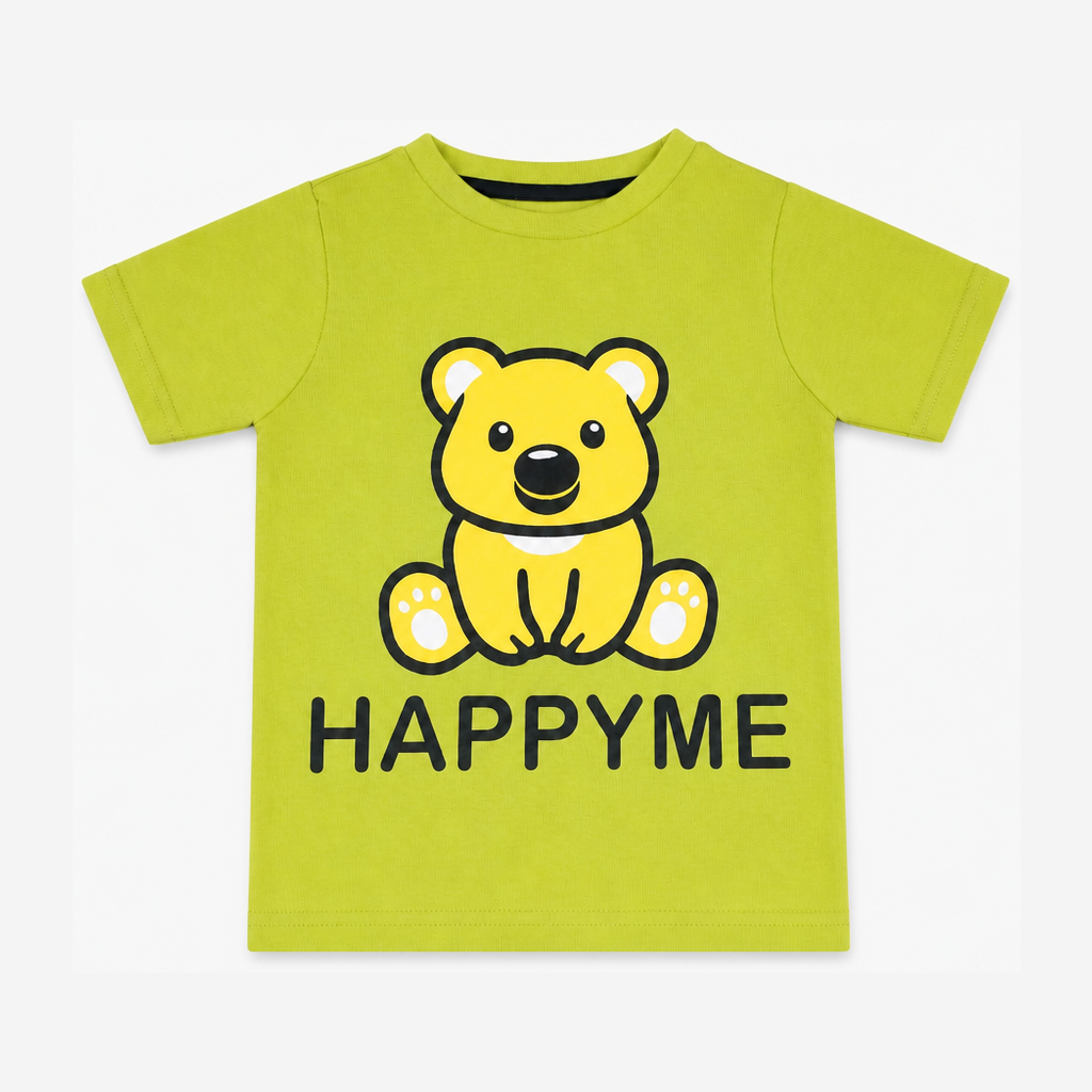 Fyst Boys Lime Green "HAPPYME" Bear Graphic Cotton T-Shirt
