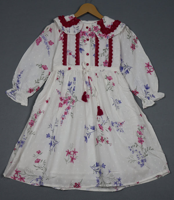 Fyst Premium Floral Print Long Sleeve Frock for Girls – Pearl White