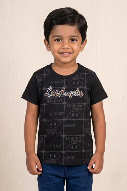 Fyst Cotton Knit Smart Casual Urban Print Top for Boys - Black