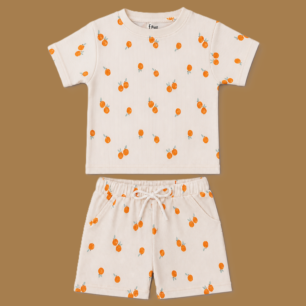 Fyst Boys Off-White & Peach Orange Printed Ribbed T-Shirt and Shorts Co-ord Set